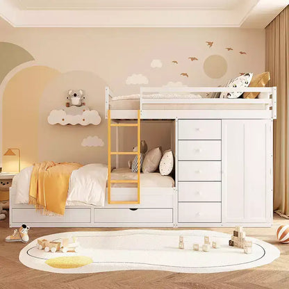 Lit superposé complet Whisen avec 2 grands tiroirs, 5 petits tiroirs et petite armoire