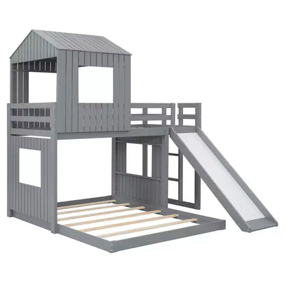 Lit superposé en bois Luxystar avec maisonnette, toboggan et barrières de sécurité, double sur grand lit
