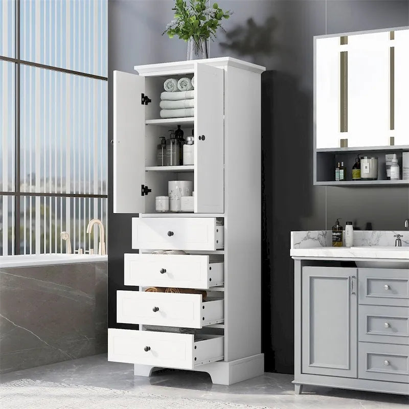 Mobile Contenitore in Legno con 2 Ante e 4 Cassetti, Ripiano Regolabile
