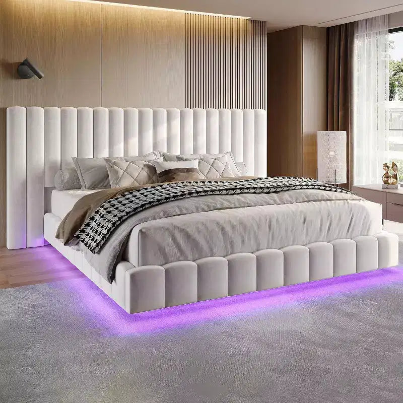 AMERLIFE Letto Imbottito con Luci LED, Design Flottante, Supporto a Doghe Solide
