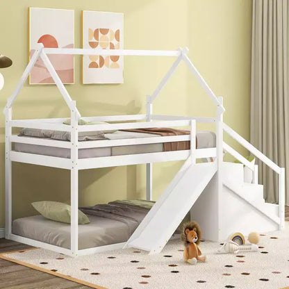 Lits superposés maison avec toboggan et escaliers de rangement, lit superposé double en bois avec toit et escaliers pour filles et garçons
