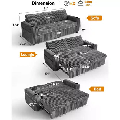 Divano Letto Sezionale Dyonery 91 con Letto Estraibile, Schienale Reclinabile/Due Letti Estraibili/Porte USB/Portabicchieri, Velluto a Coste Peluche