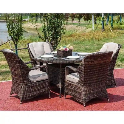 Set da pranzo rotondo in vimini da esterno da 5 pezzi con 4 poltrone