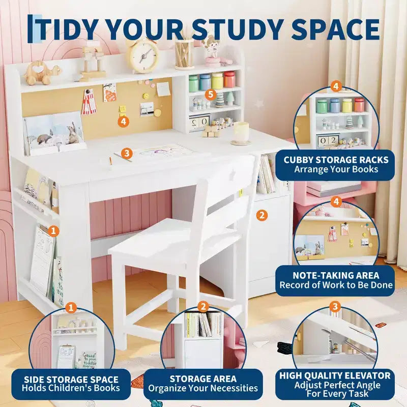 Set scrivania e sedia per bambini, con libreria superiore e piano inclinabile, tavolo da studio per bambini, scrivania per studenti, per camera da letto, casa