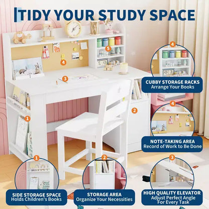 Set scrivania e sedia per bambini, con libreria superiore e piano inclinabile, tavolo da studio per bambini, scrivania per studenti, per camera da letto, casa