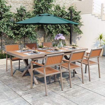 Set da pranzo da esterno moderno da 7 pezzi con sei sedie e un tavolo allungabile per patio
