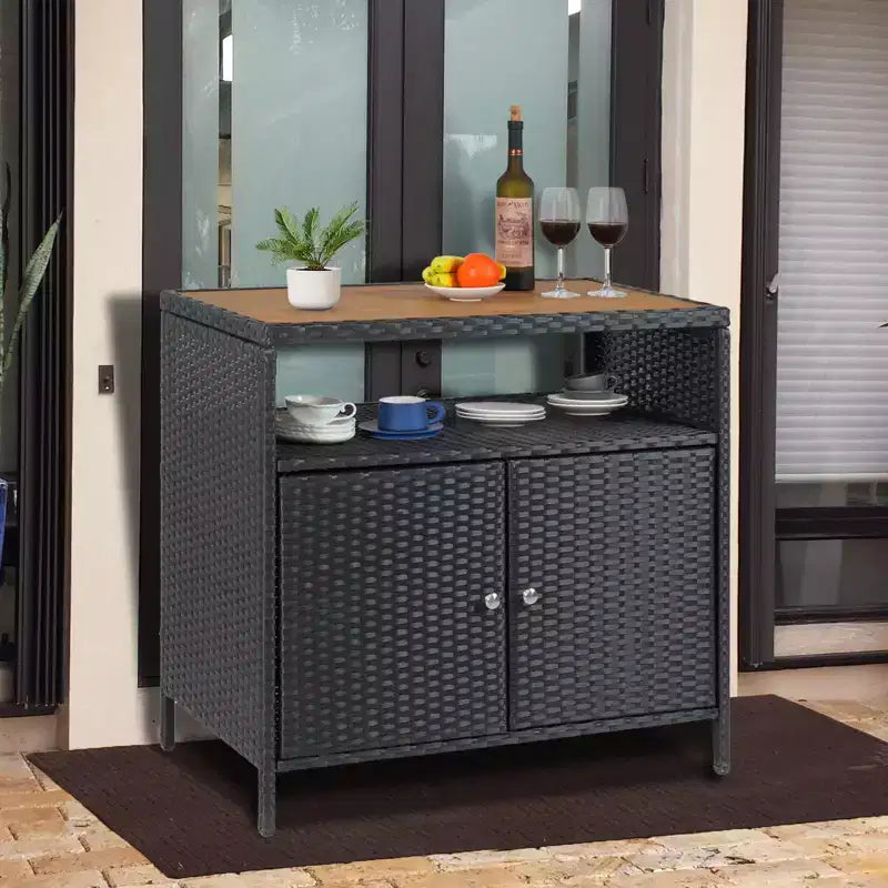 Armadietto portaoggetti da esterno con ante - Contenitore e Tavolo Bar da giardino in rattan resistente alle intemperie