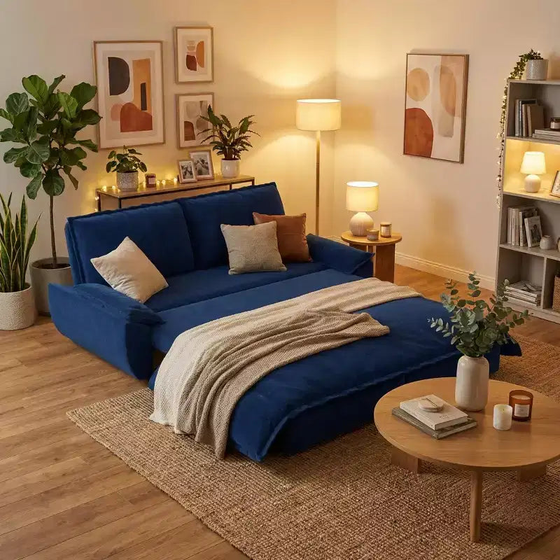 Divano Letto Convertibile Blu in Velluto, Divano Letto Estraibile 3 in 1, 3 Posti a Sedere