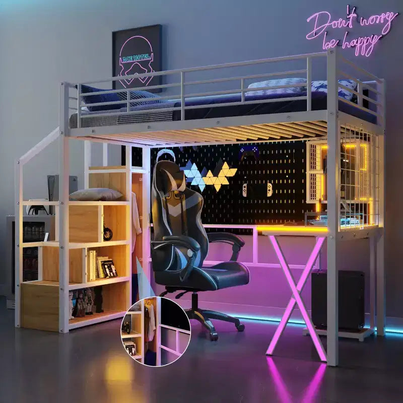 Lit mezzanine en métal Whisen 94''L x 40.9''W avec poste de travail intégré, armoire, escalier de rangement et LED, sécurité garantie
