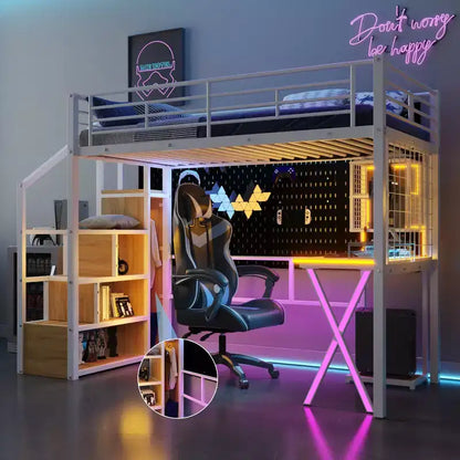 Lit mezzanine en métal Whisen 94''L x 40.9''W avec poste de travail intégré, armoire, escalier de rangement et LED, sécurité garantie