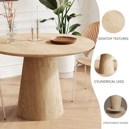 Table de salle à manger ronde pour 4-6 personnes, en bois naturel avec pied conique en bois, style rustique minimaliste