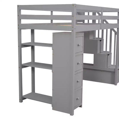 Lit mezzanine double en bois Whisen avec tiroirs de rangement, escalier et étagères