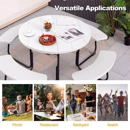 Costway Set Tavolo da Picnic Rotondo da Esterno a 8 Posti con 4 Panche e Foro per Ombrellone Nero/Grigio/Verde/Bianco