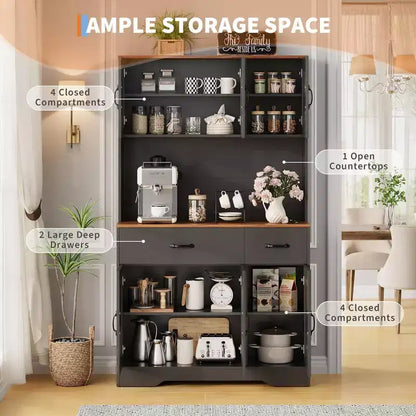Mobile dispensa da cucina da 71" con stazione di ricarica, ampio piano di lavoro, supporto per microonde e 2 cassetti, mobile contenitore per sala da pranzo e soggiorno