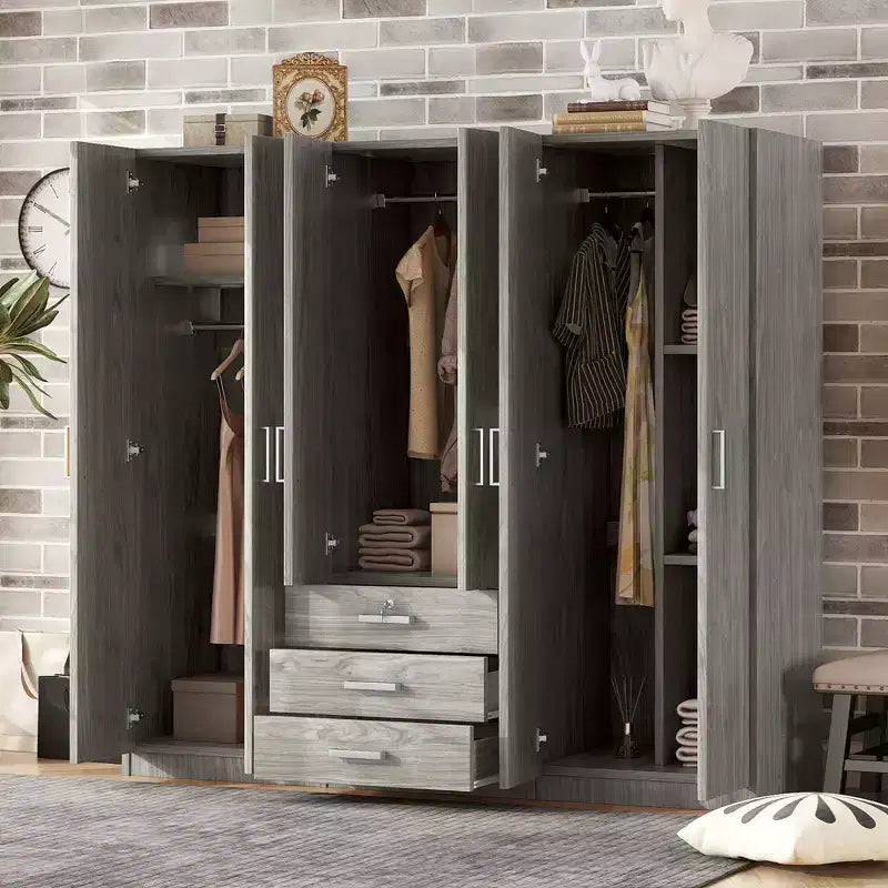 Armoire 6 portes en bois avec tiroirs pour chambre à coucher