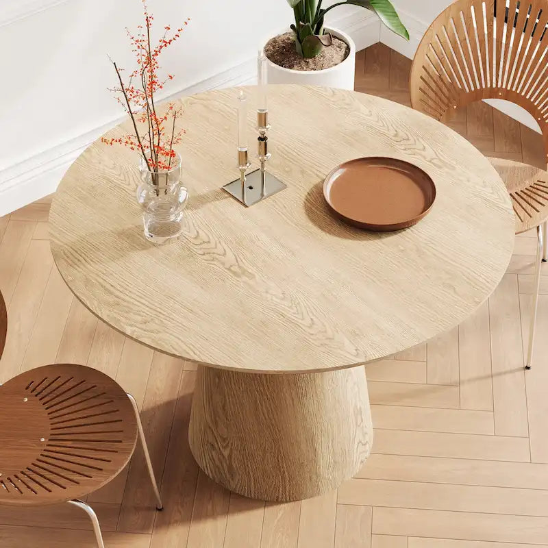 Table de salle à manger ronde pour 4-6 personnes, en bois naturel avec pied conique en bois, style rustique minimaliste