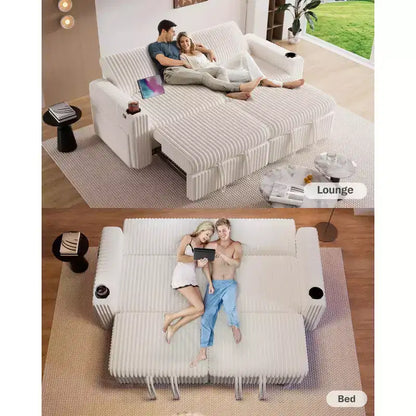 Divano Letto Sezionale Dyonery 91 con Letto Estraibile, Schienale Reclinabile/Due Letti Estraibili/Porte USB/Portabicchieri, Velluto a Coste Peluche