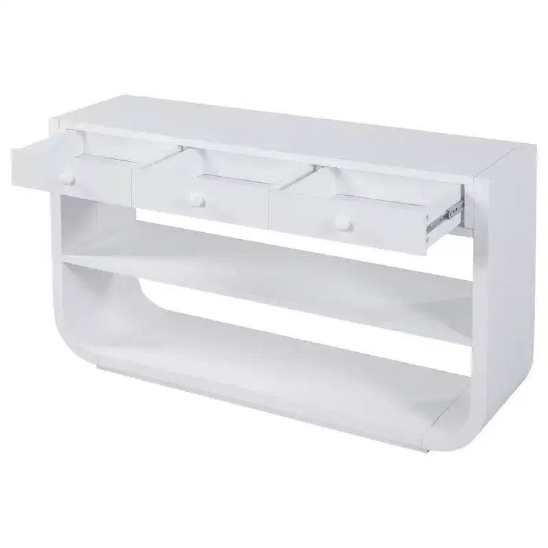 ModernLuxe Tavolo curvo da ingresso, Tavolo consolle, Tavolino da divano, Espositore, Tavolino d'appoggio con 3 cassetti a chiusura ammortizzata e 2 ripiani aperti