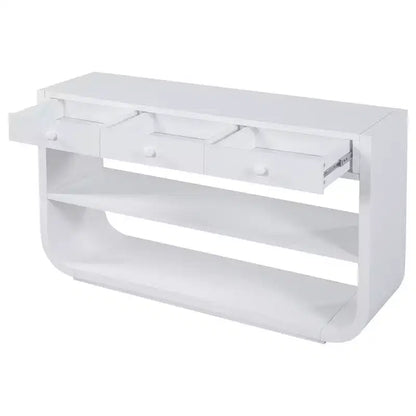 ModernLuxe Tavolo curvo da ingresso, Tavolo consolle, Tavolino da divano, Espositore, Tavolino d'appoggio con 3 cassetti a chiusura ammortizzata e 2 ripiani aperti
