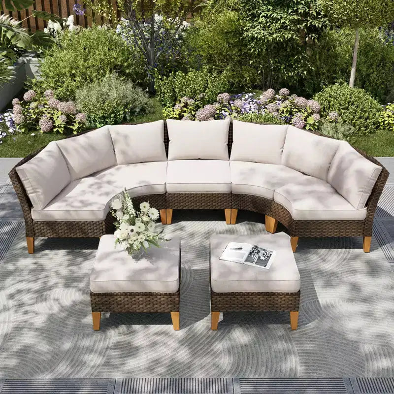 Captiva Designs Ensemble de canapés modulaires incurvés demi-lune en rotin osier 7 pièces pour l'extérieur avec pouf rembourré