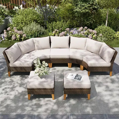 Captiva Designs Ensemble de canapés modulaires incurvés demi-lune en rotin osier 7 pièces pour l'extérieur avec pouf rembourré