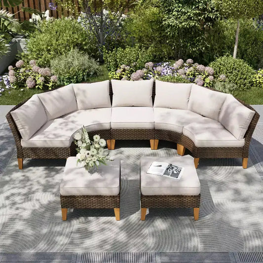 Captiva Designs Ensemble de canapés modulaires incurvés demi-lune en rotin osier 7 pièces pour l'extérieur avec pouf rembourré