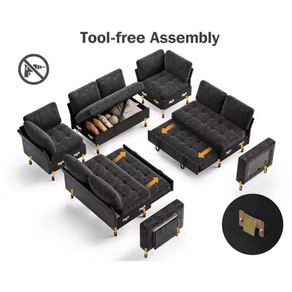 Divano componibile Dyonery a 8 posti a U con letto estraibile/schienale reclinabile/porte USB/tavolo/vano contenitore, montaggio senza attrezzi
