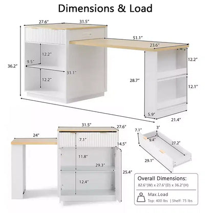 Îlot de cuisine cannelé avec table extensible, prise électrique et rangement double face