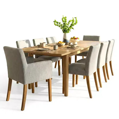 Set da pranzo da 9 pezzi con prolunga, include 6 sedie senza braccioli e 2 poltrone in lino neutro, gambe in legno massello, stile moderno-Panipeachy