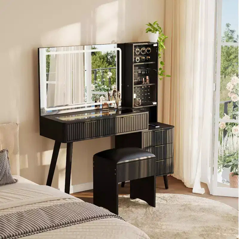 Toeletta da trucco scanalata da 122 cm con specchio e luci LED, stazione di ricarica, sgabello contenitore imbottito per camera da letto
