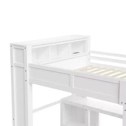 Lit mezzanine Whisen Wooden Queen avec armoire et bureau, tête de lit intégrée avec rangement