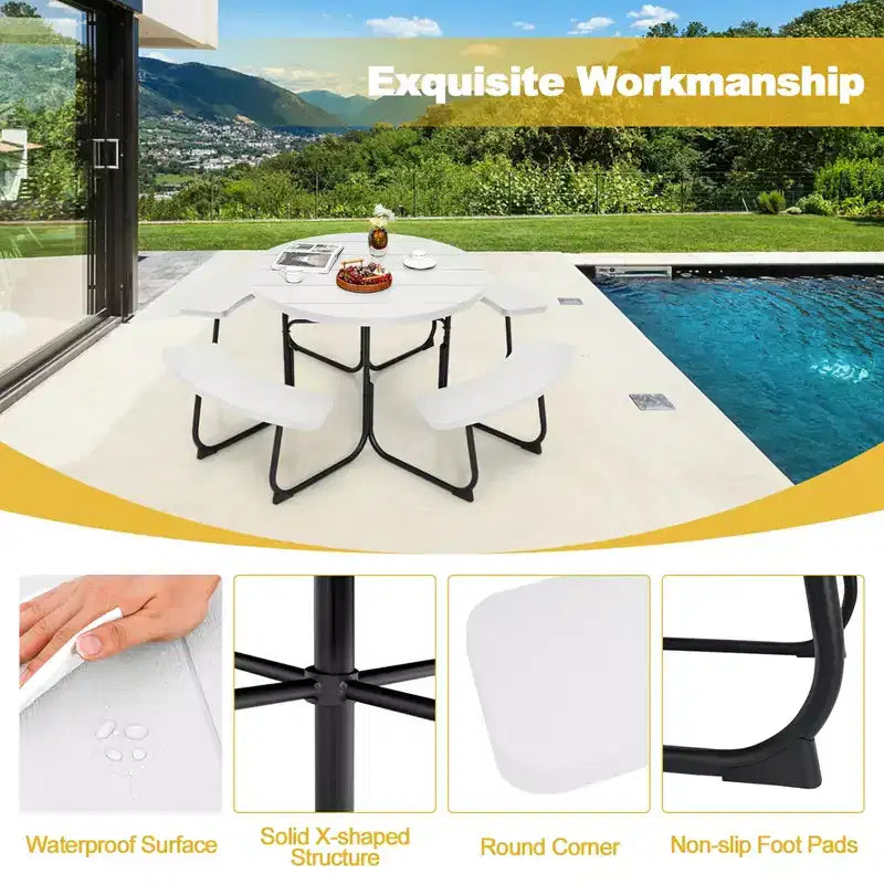 Costway Set Tavolo da Picnic Rotondo da Esterno a 8 Posti con 4 Panche e Foro per Ombrellone Nero/Grigio/Verde/Bianco