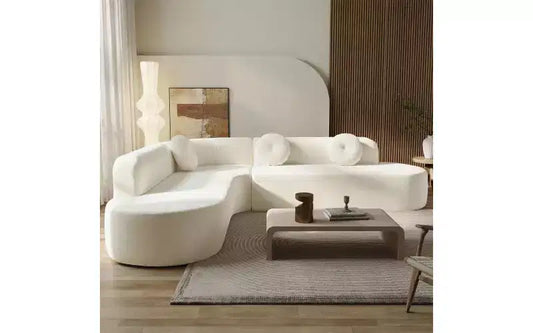 Canapé d'angle extra large Whisen 310 cm, canapé élégant en tissu avec trois coussins ronds, mousse haute résilience