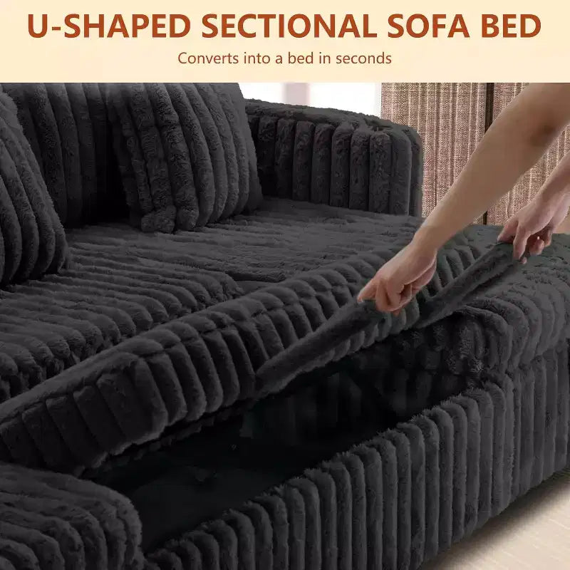 MooxvMoo Divano letto a U 124" con contenitore, divano convertibile di grandi dimensioni con letto estraibile, schienale regolabile, porte USB e portabicchieri, nero