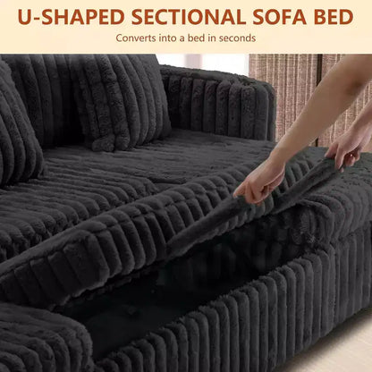 MooxvMoo Divano letto a U 124" con contenitore, divano convertibile di grandi dimensioni con letto estraibile, schienale regolabile, porte USB e portabicchieri, nero