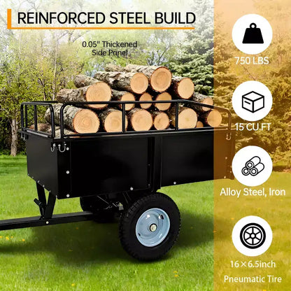 Carrello Ribaltabile in Acciaio Super Resistente da 750 libbre, Rimorchio da Giardino Utilitario da 15 piedi cubi con Sponda Rimovibile e Ruote da 16 pollici, Trainabile con Trattore o Rasaerba
