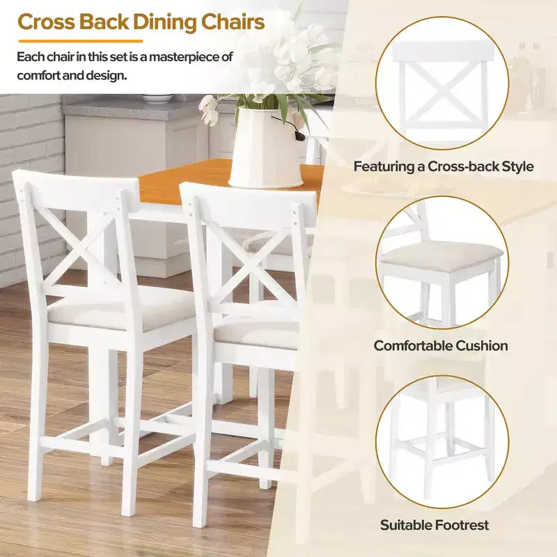 Set da pranzo a 5 pezzi in stile rustico ad altezza bancone per 4 persone, set da tavolo da bar in legno con ripiani e 4 sedie imbottite