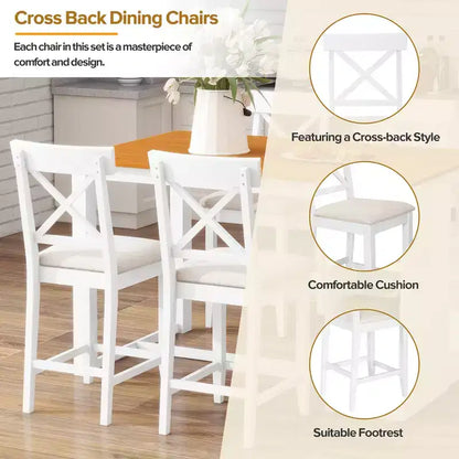 Set da pranzo a 5 pezzi in stile rustico ad altezza bancone per 4 persone, set da tavolo da bar in legno con ripiani e 4 sedie imbottite