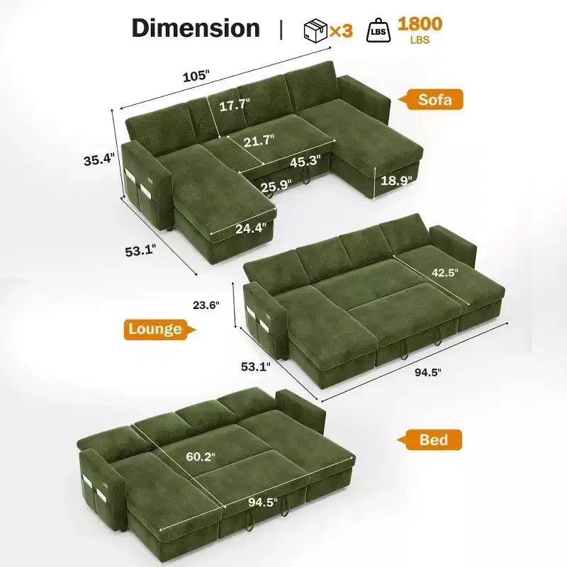 Divano letto estraibile a quattro posti Dyonery da 105 pollici con contenitore, tasche laterali, schienale regolabile, convertibile