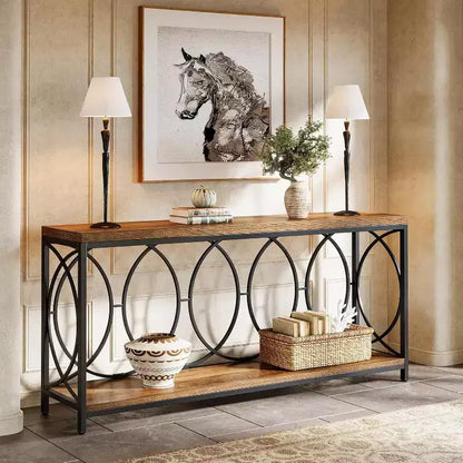 Lantine - Tavolo consolle industriale extra lungo da 180 cm con 2 ripiani e mensola portaoggetti, adatto per soggiorno, ingresso, corridoio, marrone rustico.