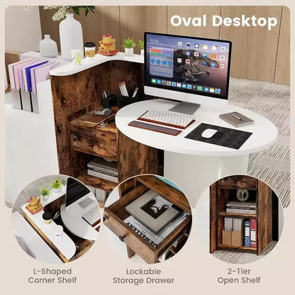 Costway Bancone per Reception, Scrivania da Ufficio con Ripiano Aperto e Cassetto con Serratura, Bianco/Marrone/Nero