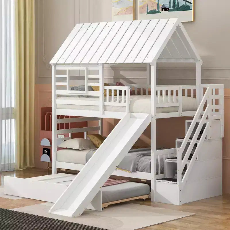 Letto a Castello Whisen Twin over Twin con Letto Estraibile e Scivolo, Scala Contenitore, Design Tetto e Finestra