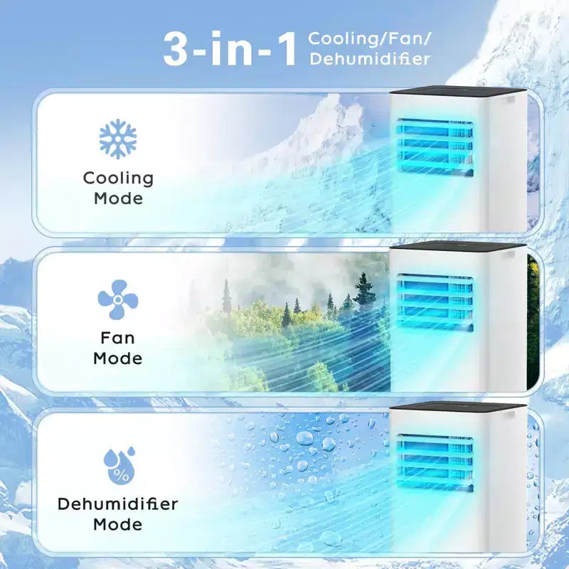 Climatiseur portable, 8000 BTU, 3 modes et 2 vitesses avec télécommande, minuterie 24h pour chambre/bureau, blanc