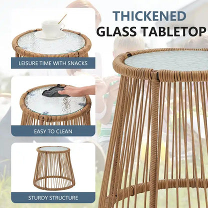 Set da Bistrot da Esterno in Rattan da 3 Pezzi, Set di Mobili da Giardino con Tavolo in Vetro e 2 Ampie Poltrone, Cuscini Inclusi