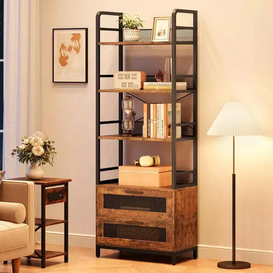 Étagère industrielle de 180 cm avec tiroirs, Bibliothèque rustique à 4 niveaux pour salon, chambre, bureau, marron