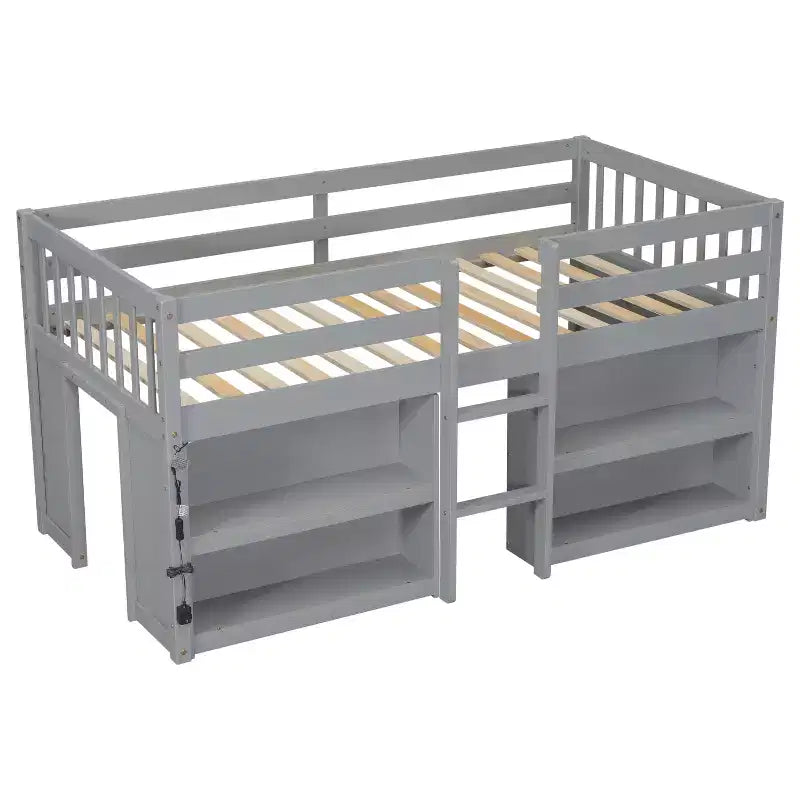 Whisen Letto a soppalco basso per bambini, dimensioni letto singolo, 79,8''L * 43,9''W, con due ripiani e luci LED
