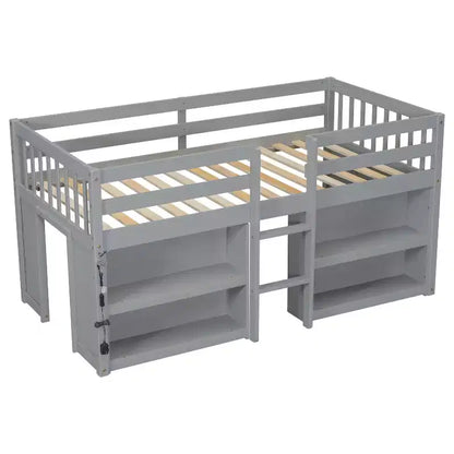 Whisen Letto a soppalco basso per bambini, dimensioni letto singolo, 79,8''L * 43,9''W, con due ripiani e luci LED