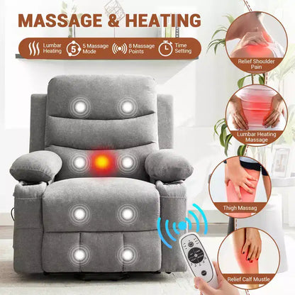 Fauteuil inclinable électrique releveur, fauteuils inclinables électriques pour personnes âgées avec fonction chauffante et massante, aide à la levée, porte-gobelets, poche latérale, pour salon