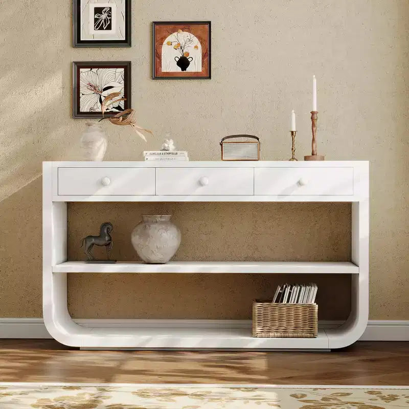 ModernLuxe Tavolo curvo da ingresso, Tavolo consolle, Tavolino da divano, Espositore, Tavolino d'appoggio con 3 cassetti a chiusura ammortizzata e 2 ripiani aperti