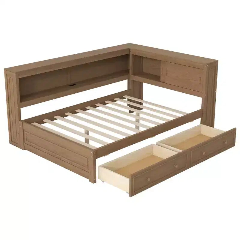 Letto angolare a grandezza naturale con cassetti portaoggetti, libreria, struttura letto a giorno in legno a forma di L con testiera a libreria per soggiorno